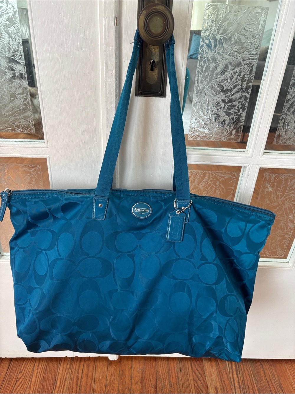 Coach Teal Signature Jacquard Tote